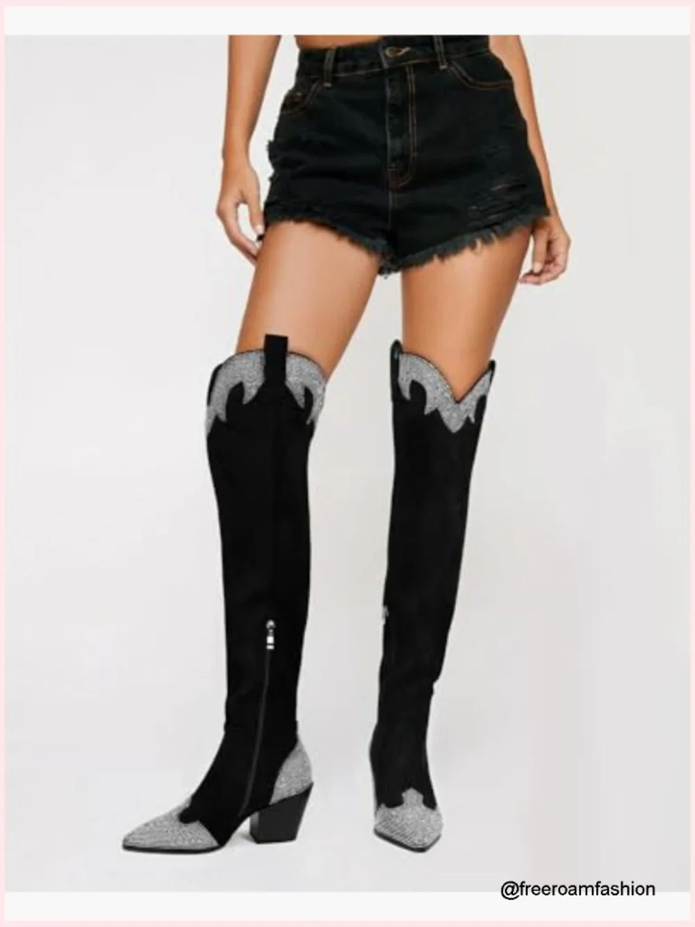 Over The Knee Cowgirl Boots with Rhinestone - Pointed Toe Chunky Heel Side